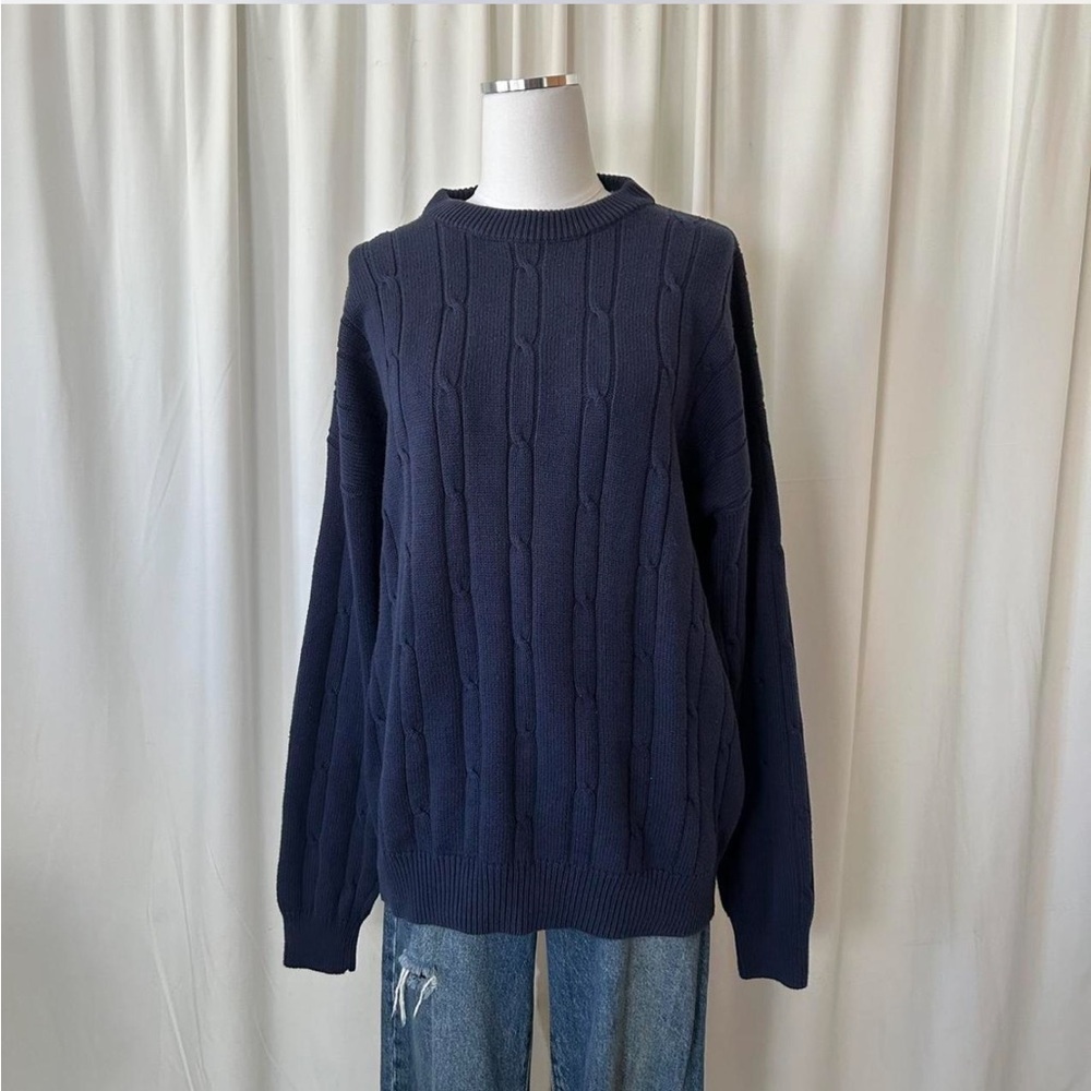 Navy Lord & Taylor Cotton cable knit fisherman’s sweater. - Picture 3 of 8